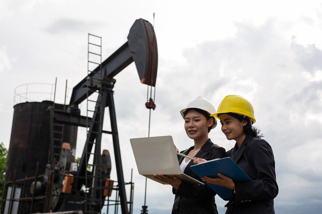 two female engineers stand beside working oil pumps with white sky 1150 19227